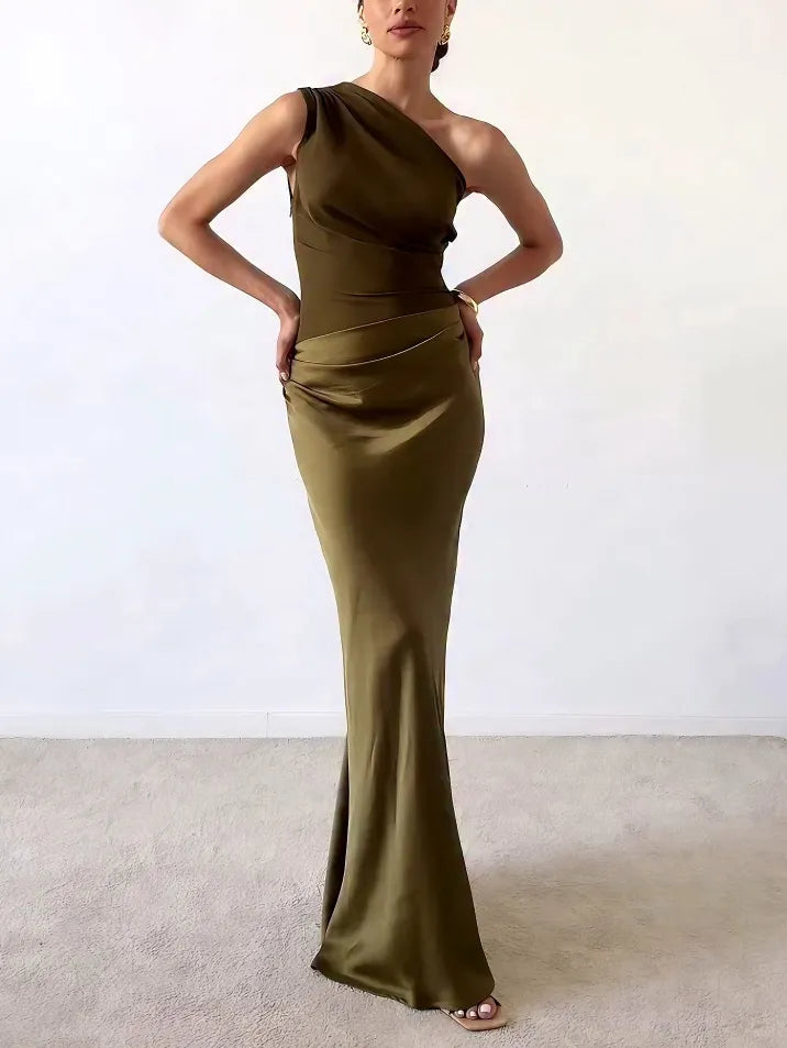 Damen One-Shoulder Plissée Maxikleid