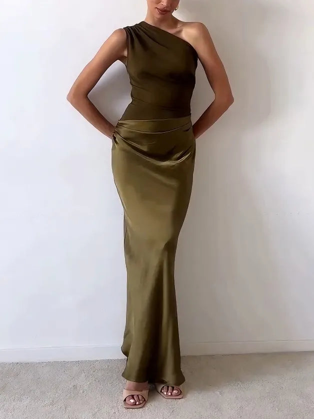 Damen One-Shoulder Plissée Maxikleid