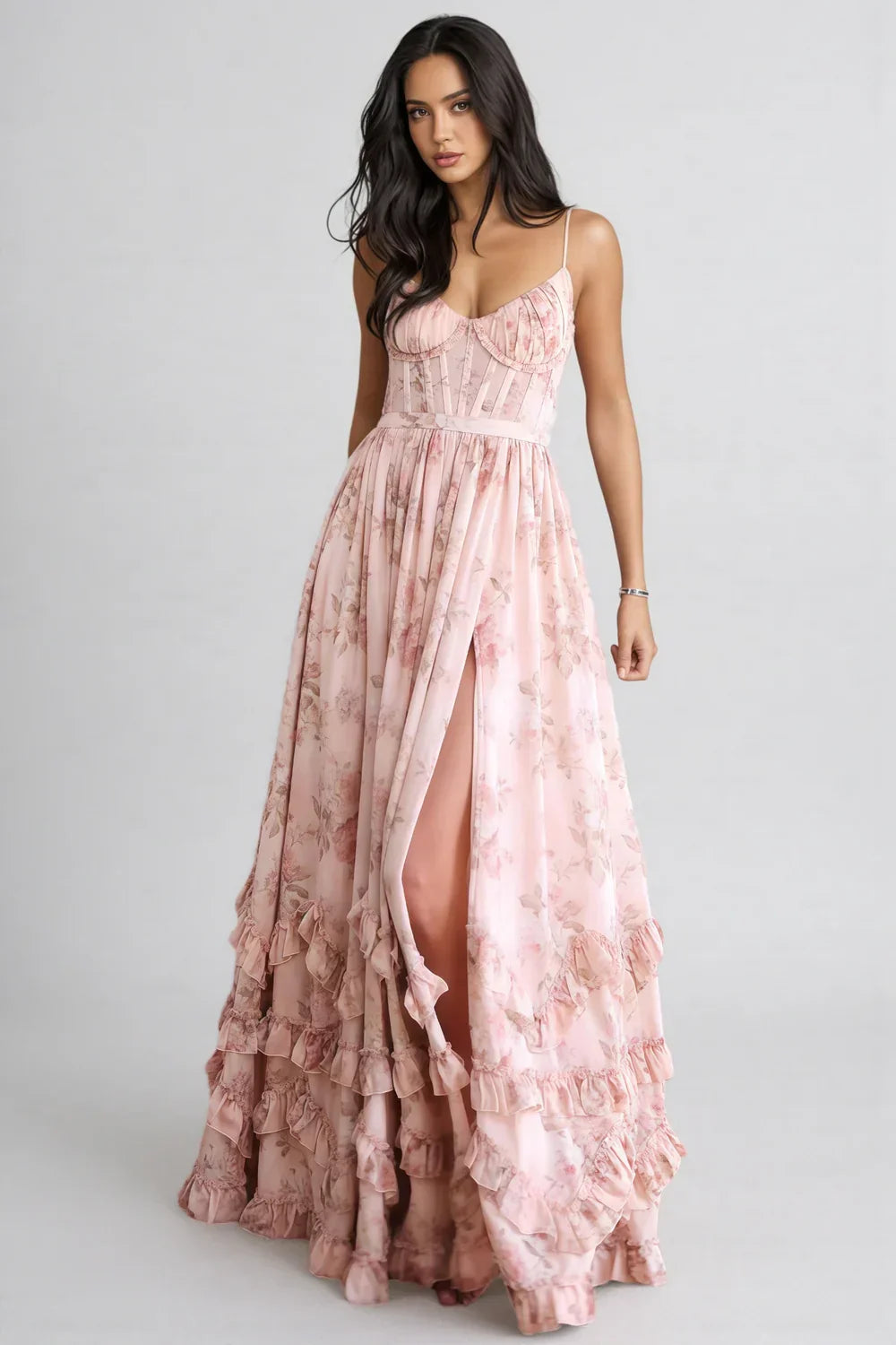 Damen Kleid mit hohem Schlitz und Rüschen