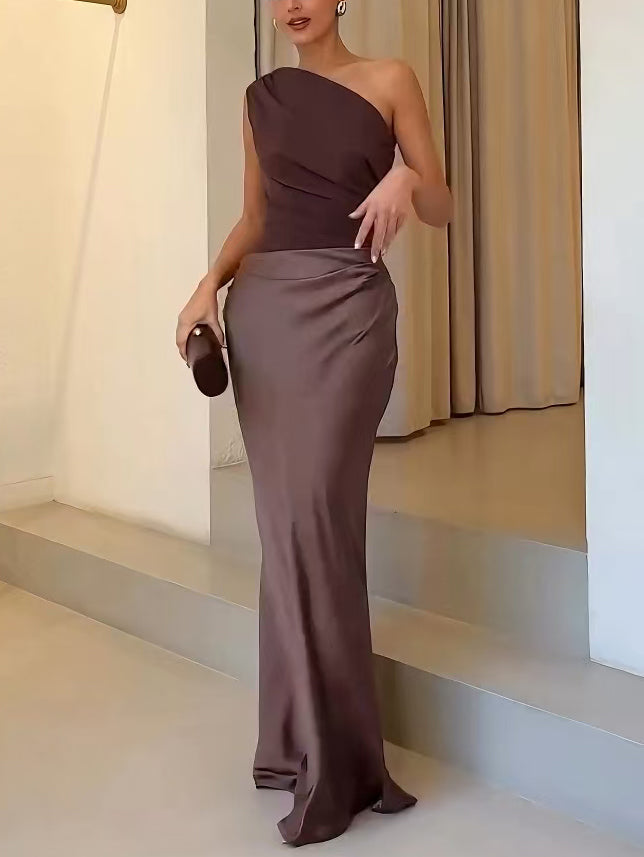 Damen One-Shoulder Plissée Maxikleid