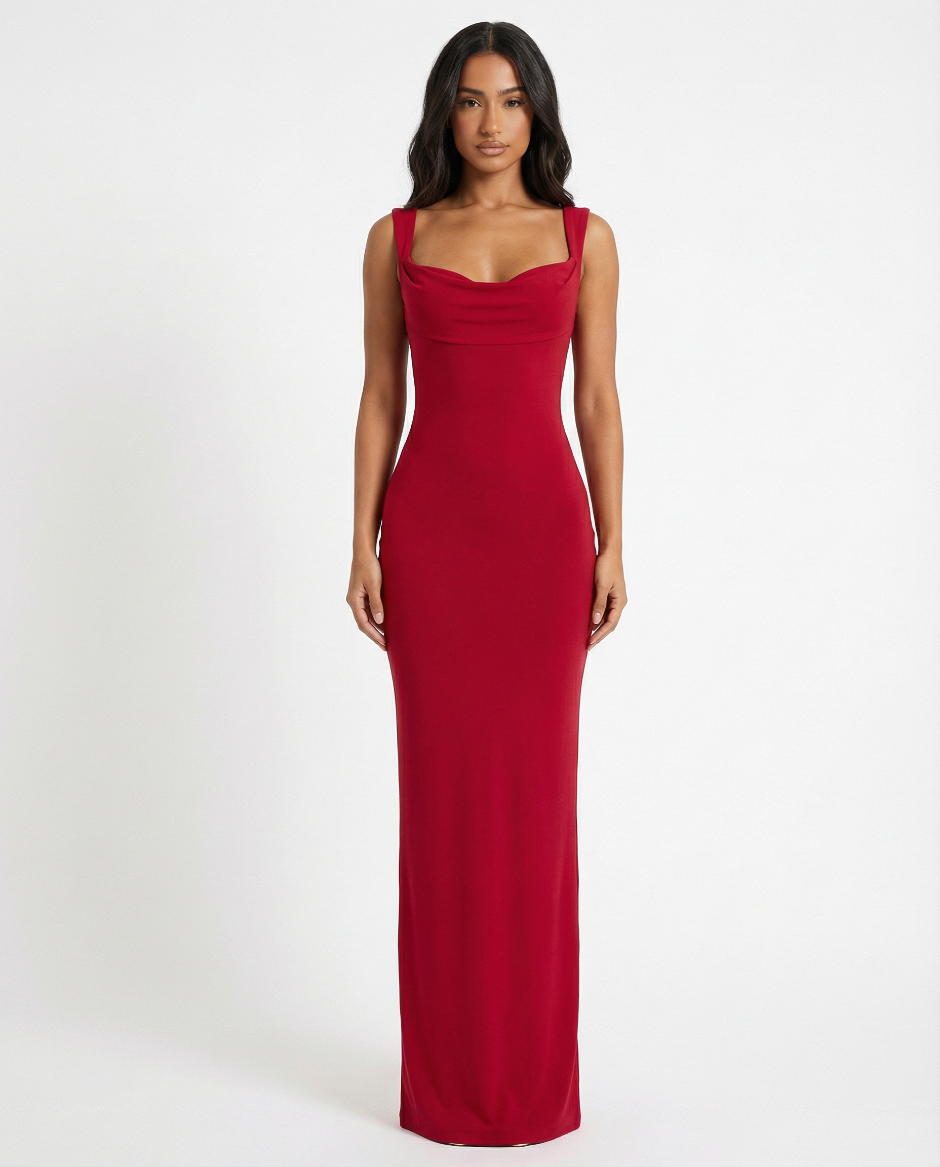 Mae – schmeichelndes figurformendes Maxikleid mit offenem Rücken und Bindegürtel