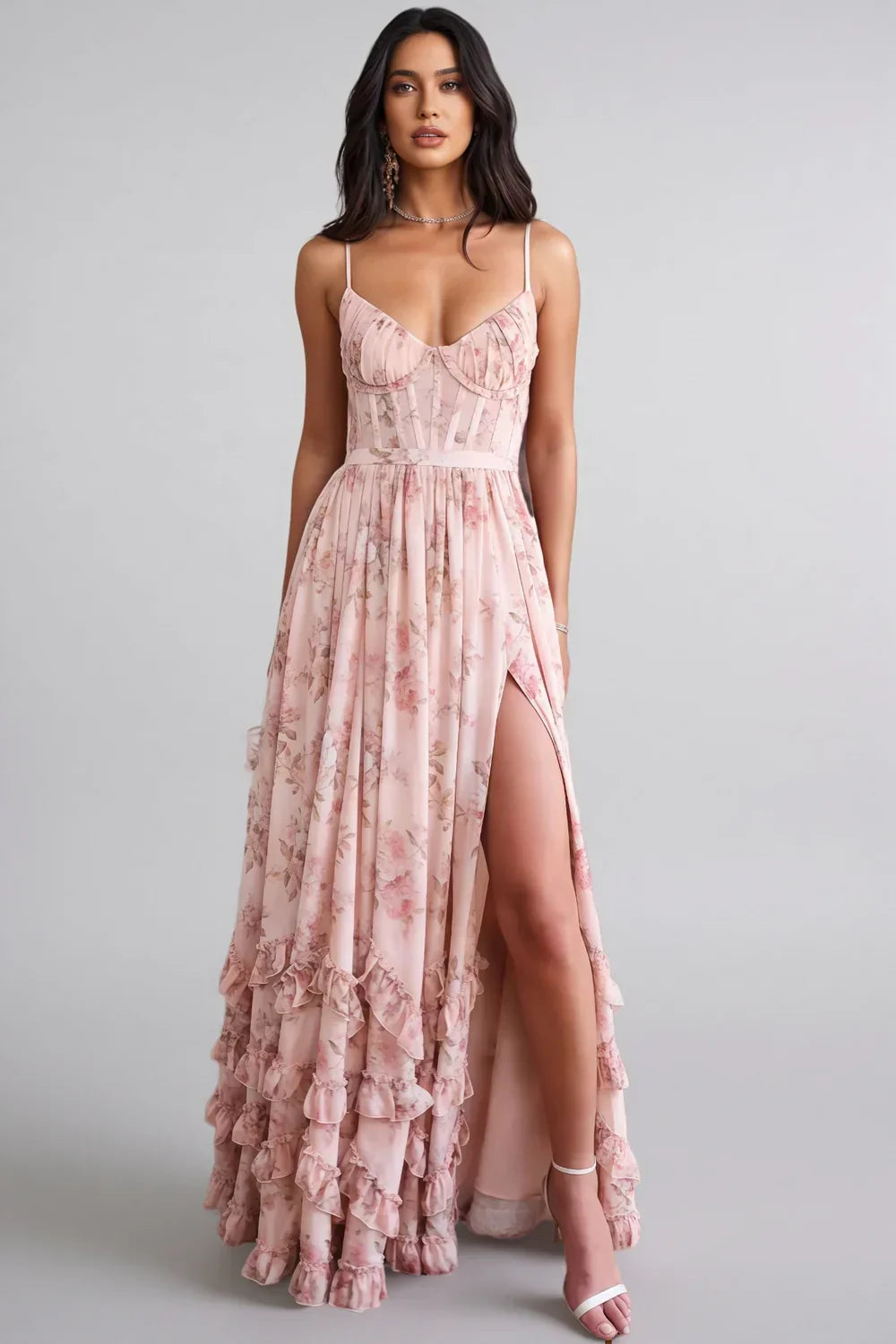 Damen Kleid mit hohem Schlitz und Rüschen