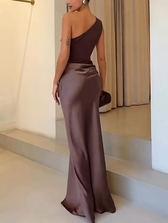 Damen One-Shoulder Plissée Maxikleid