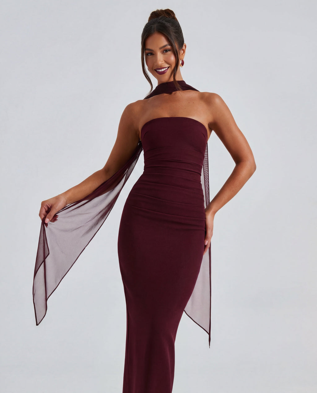 Ella | Strapless Sculpting Maxi Dress with Removable Mesh Scarf