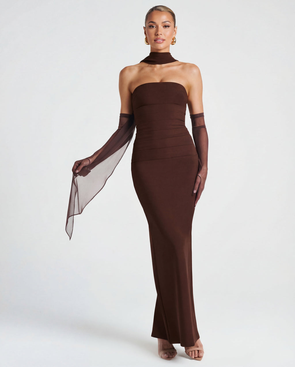 Ella | Strapless Sculpting Maxi Dress with Removable Mesh Scarf