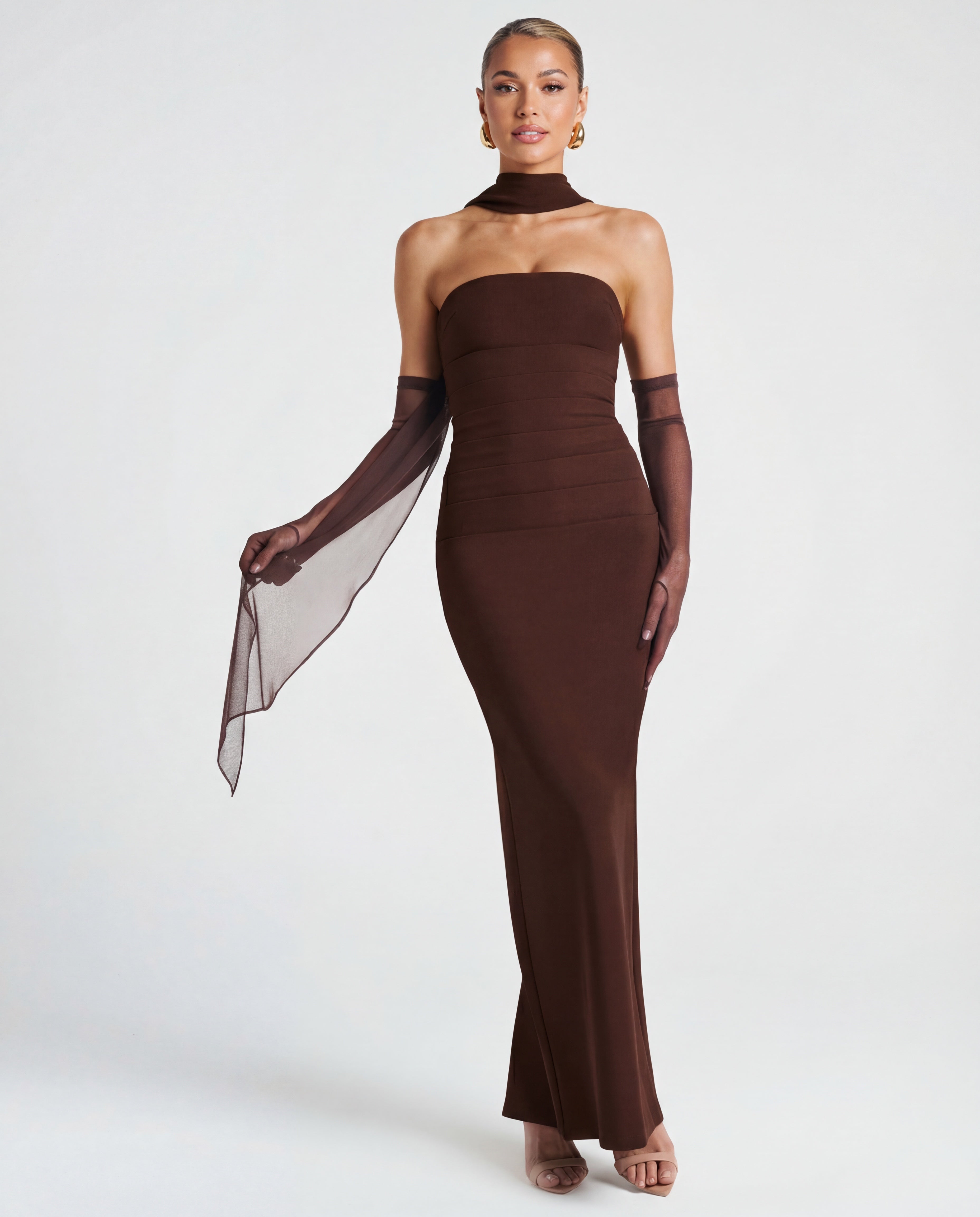 Ella | Strapless Sculpting Maxi Dress with Removable Mesh Scarf