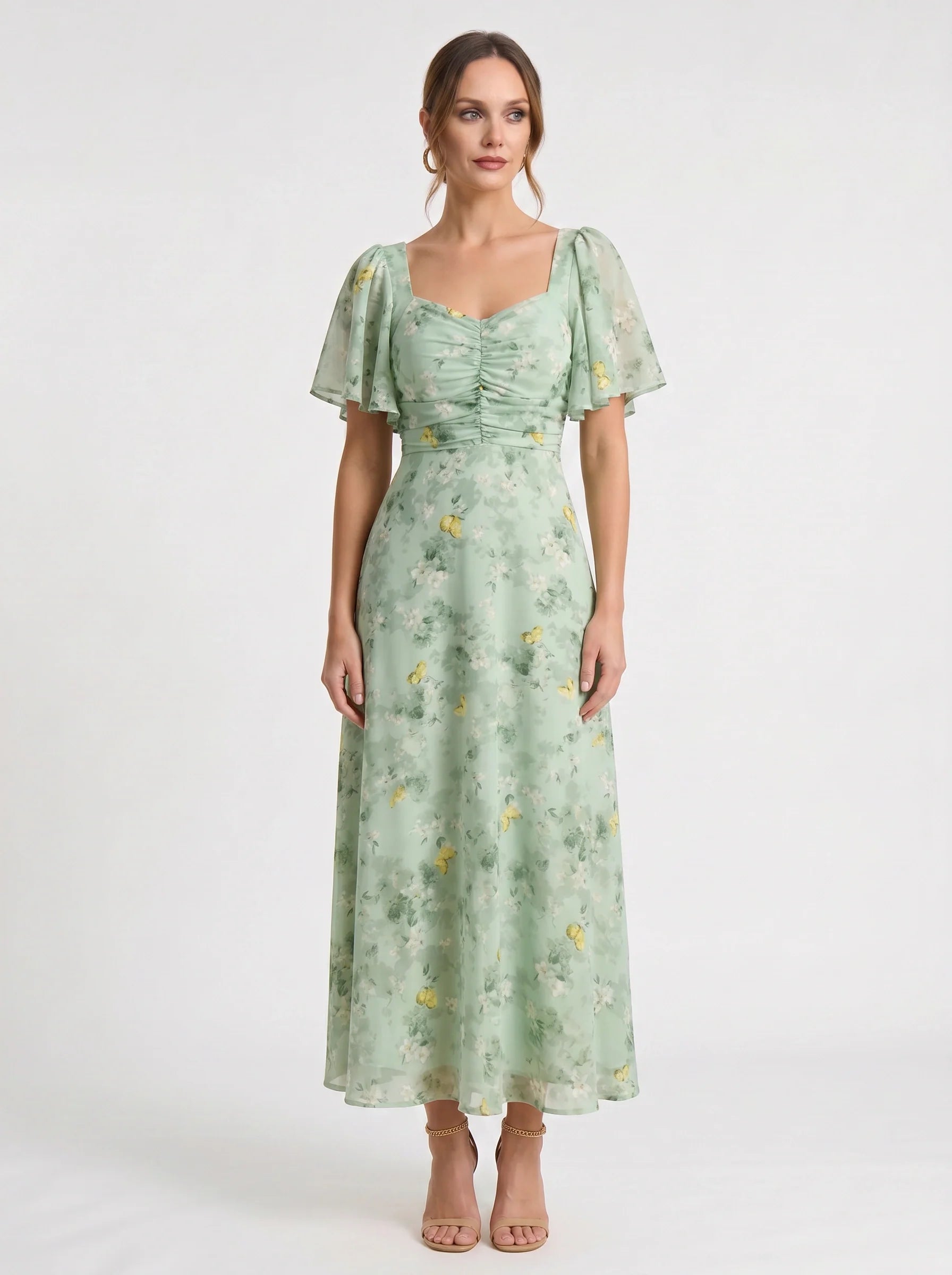 Damen Blumenprint Maxikleid mit Puffärmeln